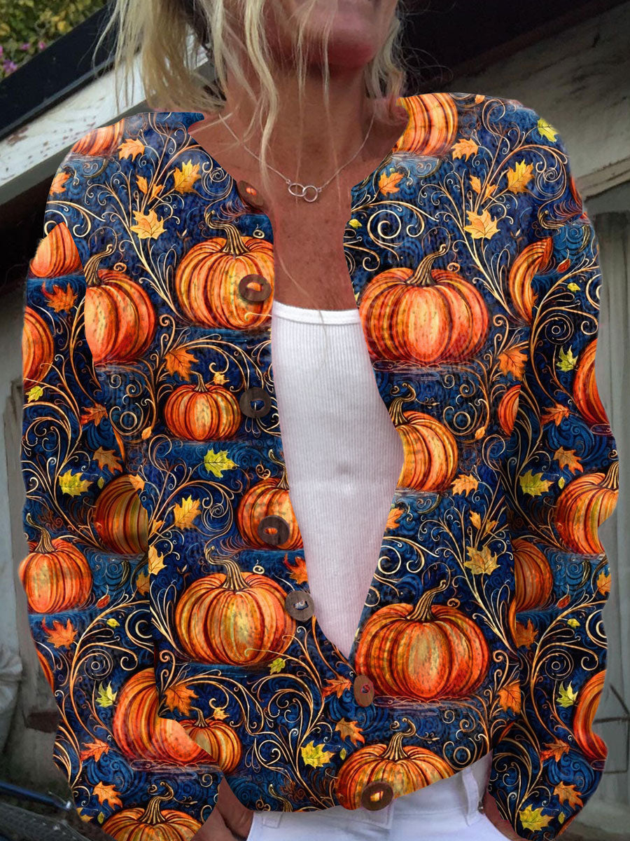 vintage-pumpkin-art-print-buttoned-cardigan-sweater