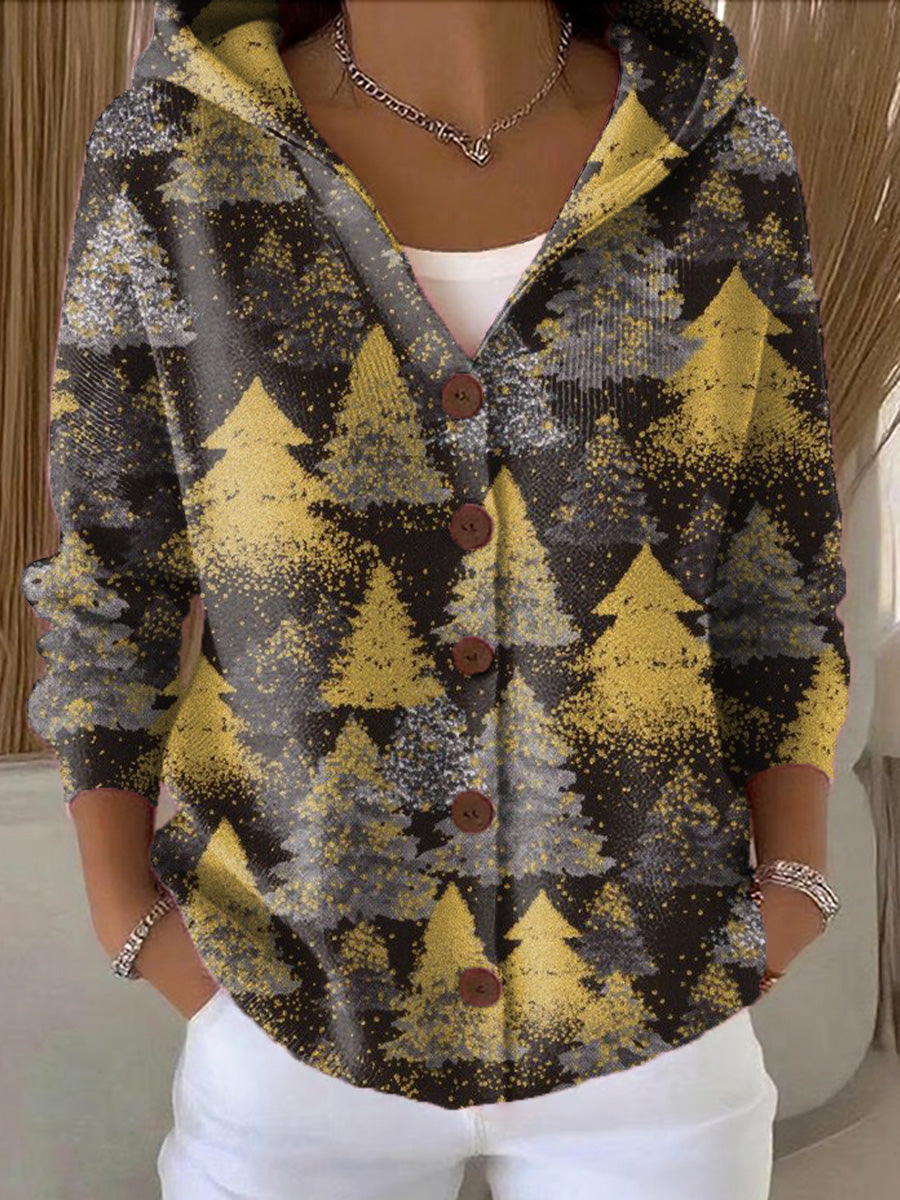 Women's Abstract Christmas Tree Painting Art Print Casual Hooded Button Sweater