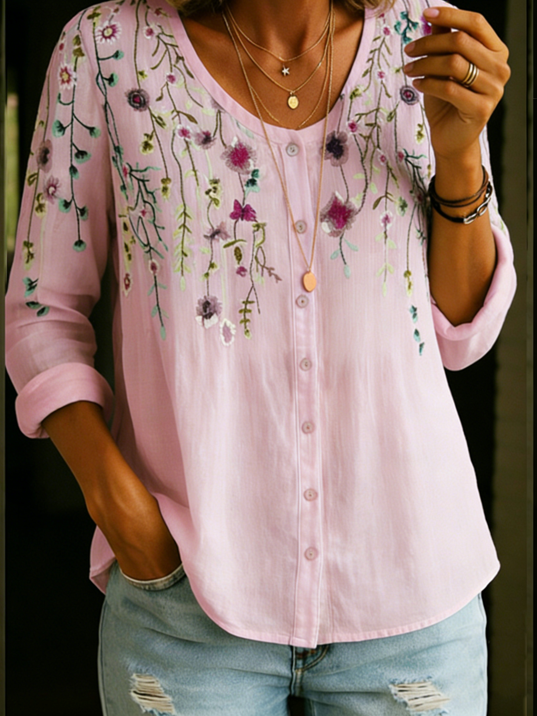 Vintage Bouquet Waterfall Cotton Linen Shirt Blouse