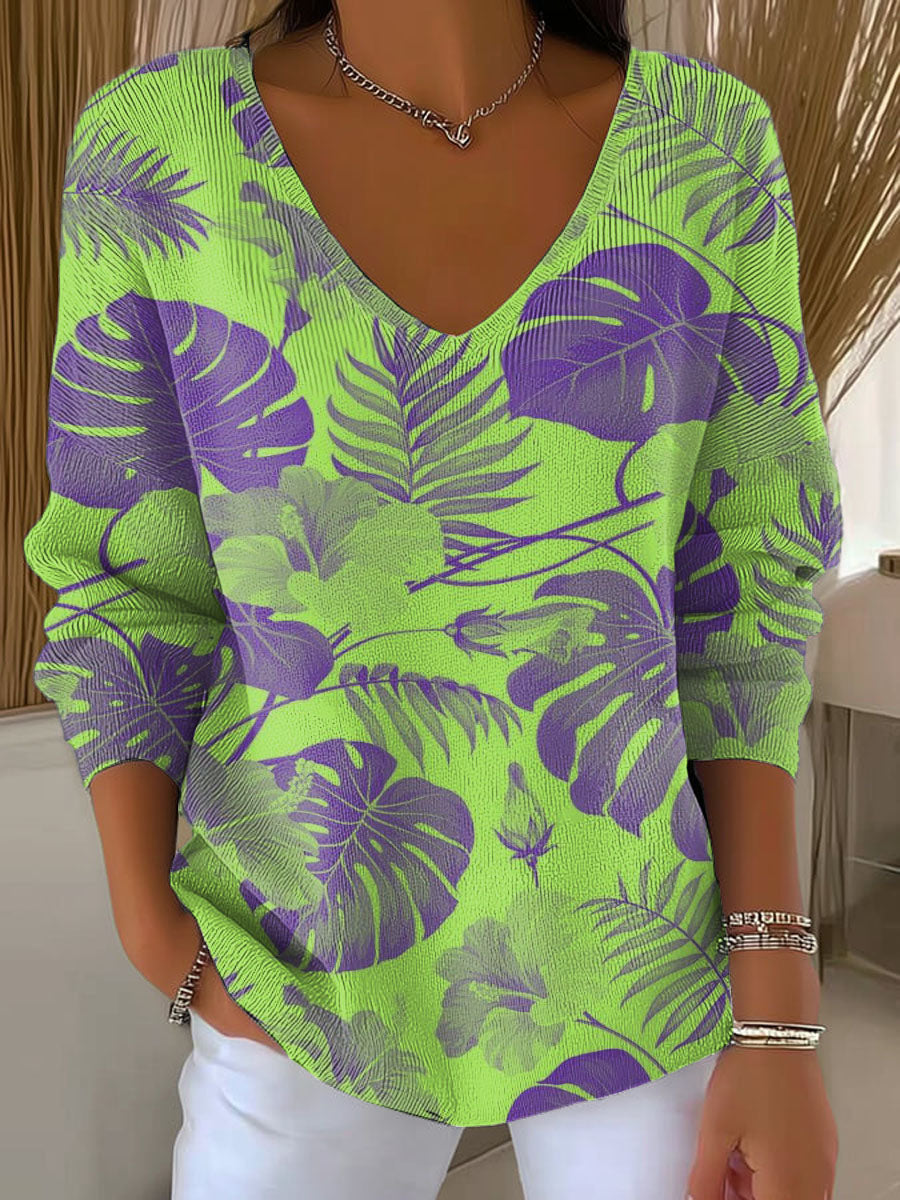 Women's Reverse Color Flowers And Plants Print Casual Pullover Sweater