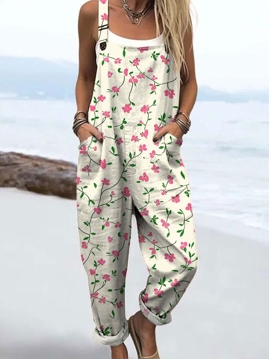 Women's Fashion Floral Art Print Casual 100% Cotton Wide Leg Jumpsuit