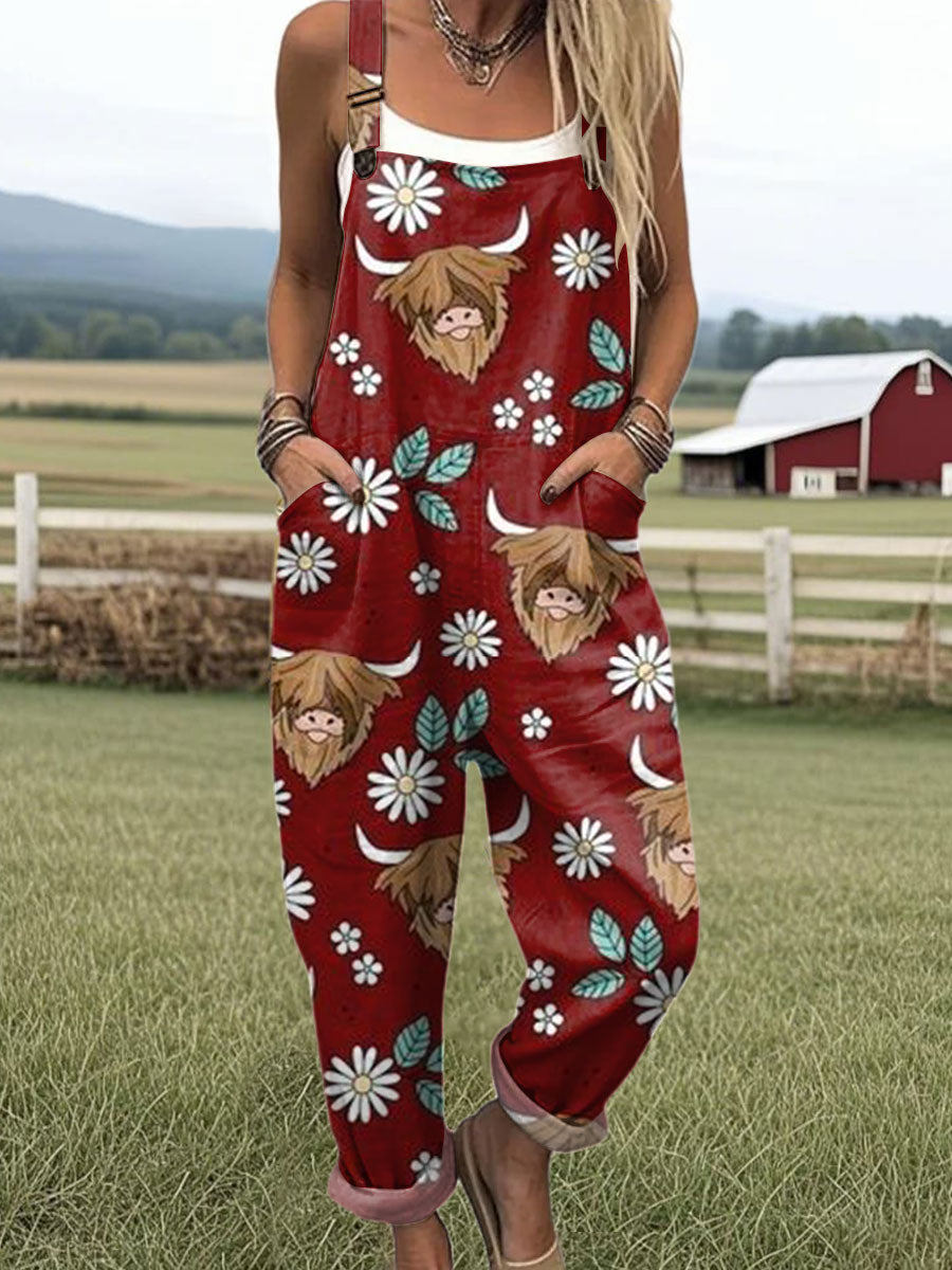 Women's Farm Highland Cattle Art Print Casual 100% Cotton Wide Leg Jumpsuit