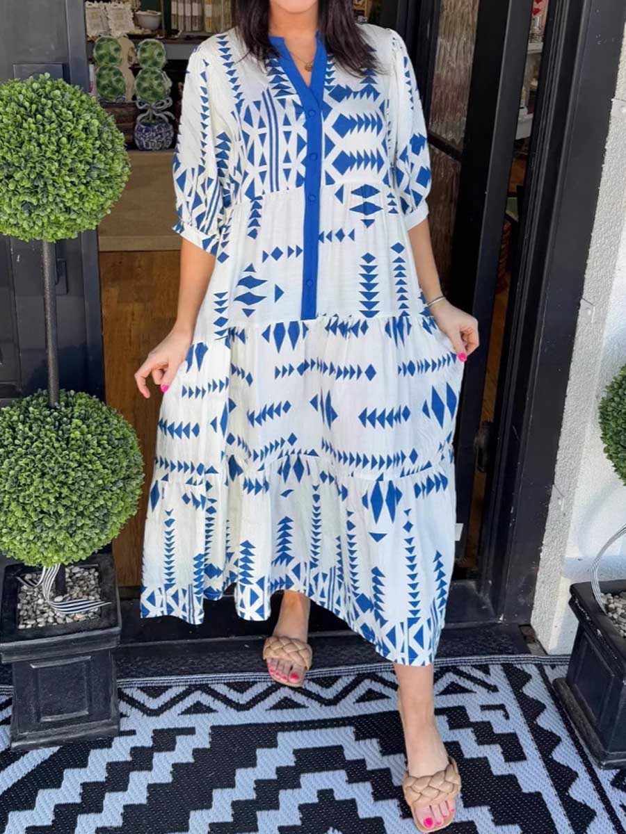 Women's Geometric Print V-Neck Short Sleeve Casual Cotton and Linen Dress