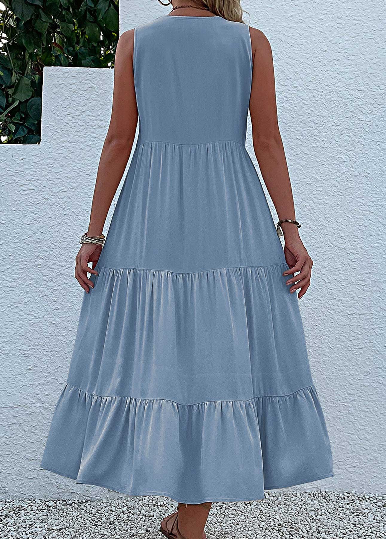 Dusty Blue Button A Line Sleeveless Dress
