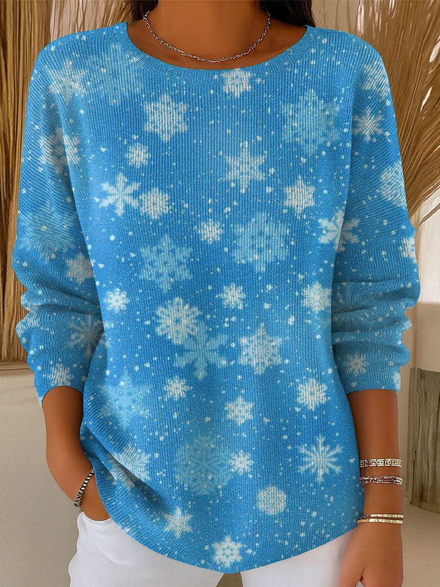 Women's Vintage Christmas Snowflake Pattern Art Print Casual Pullover Sweater