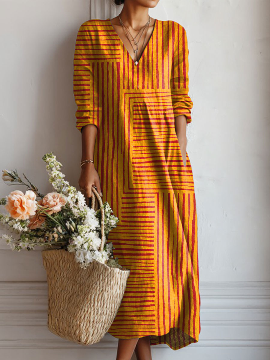 Women's Vintage Abstract Geometric Art Print Linen Pocket Dress