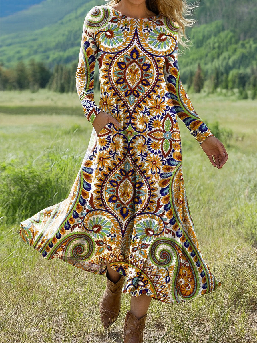 Women's Beautiful Vintage Ethnic Geometric Floral Art Print Long-sleeved Dress