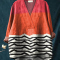 Irregular Geometric Art Printed Women's Casual Cotton And Linen V-neck Shirt