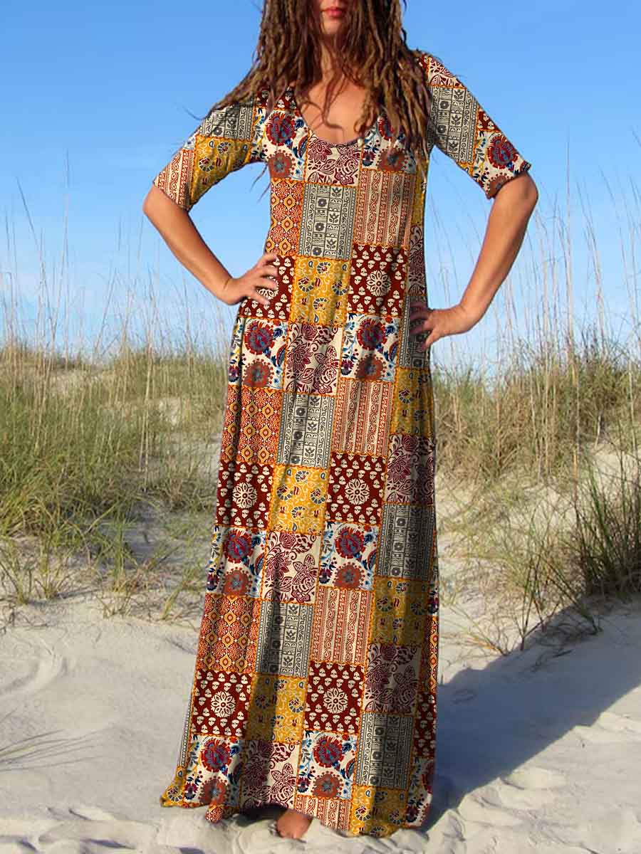 Women's Round Neck Retro Patchwork Print Short Sleeve Dress