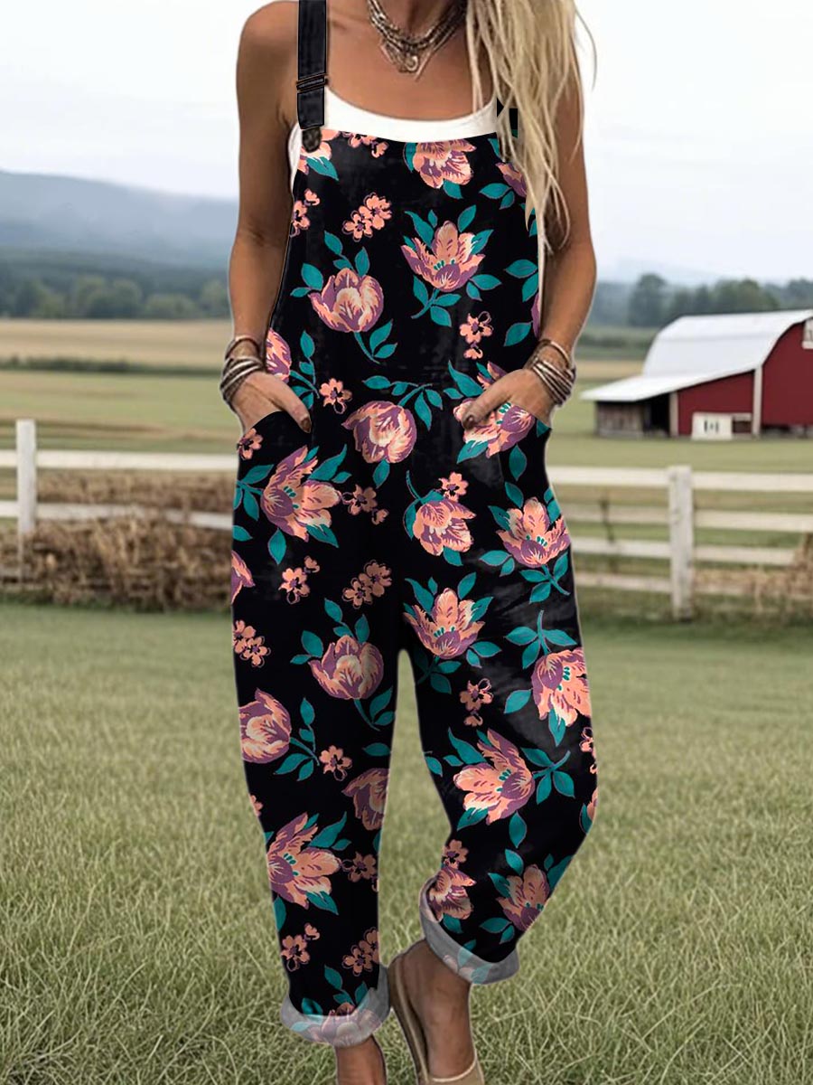 Women's Vintage Floral Pattern Art Print Casual 100% Cotton Wide Leg Jumpsuit