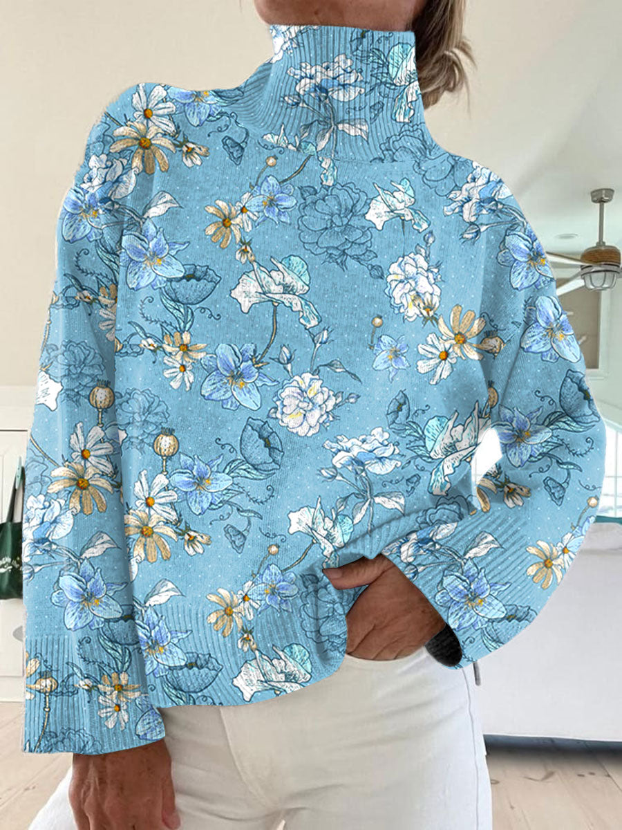 Vintage Floral Art Print Knit Turtleneck Pullover Sweater