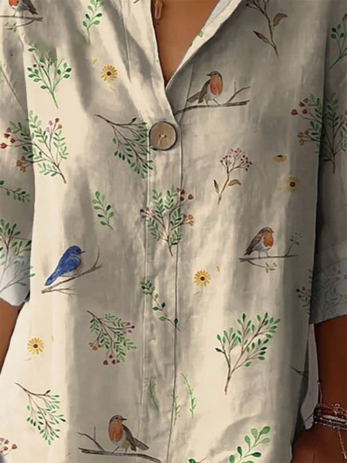 Women's Boughs And Robin Birds Pattern Printed Women's Casual Cotton Linen Shirt