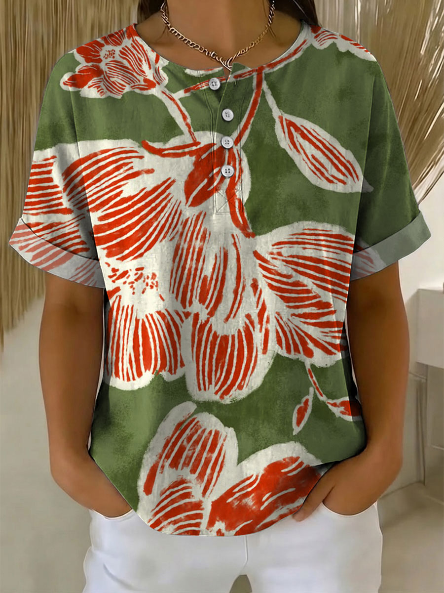 Women's Vintage Flower Pattern Printed Cotton Linen Top