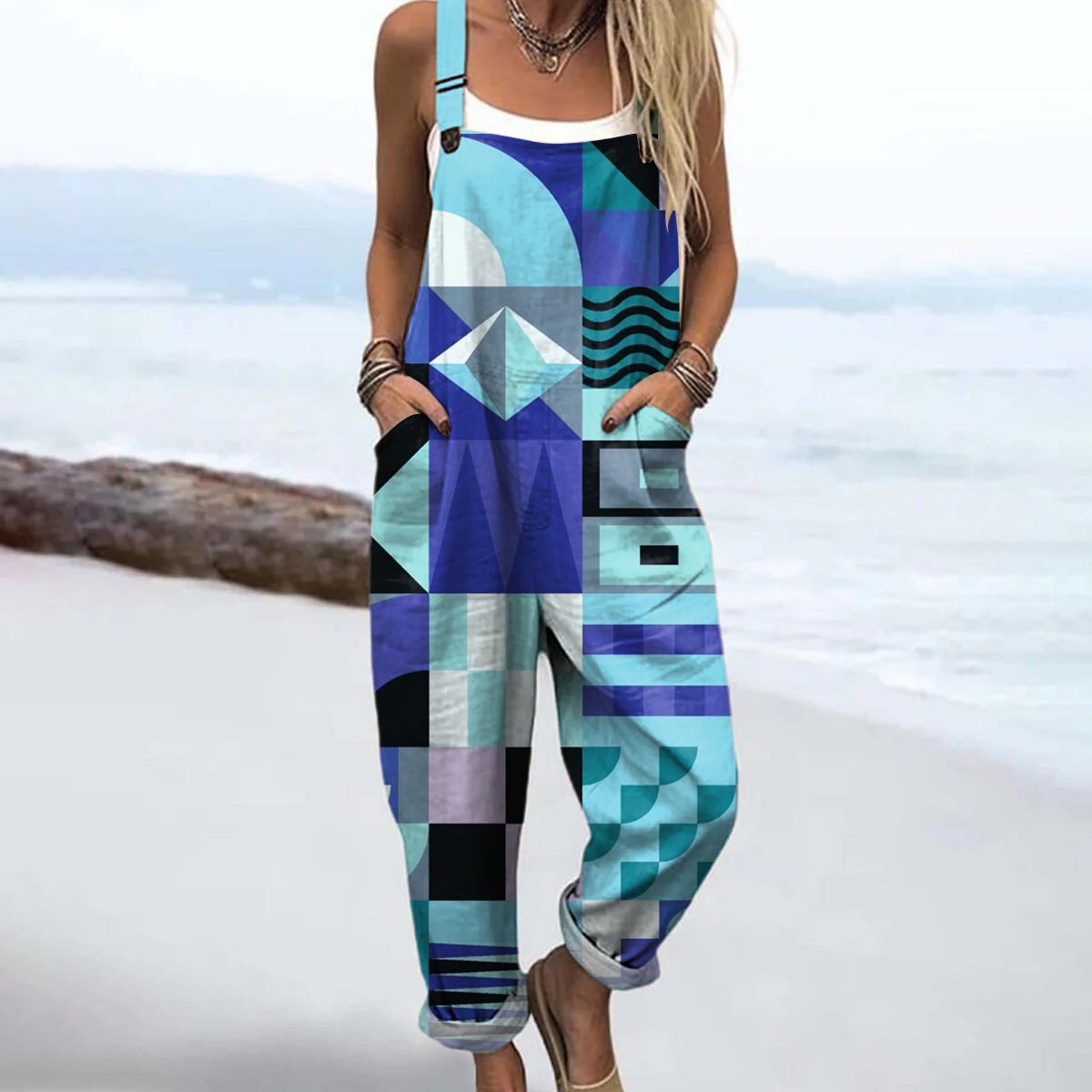 Women's Geometric Pattern Art Print Casual 100% Cotton Wide Leg Jumpsuit