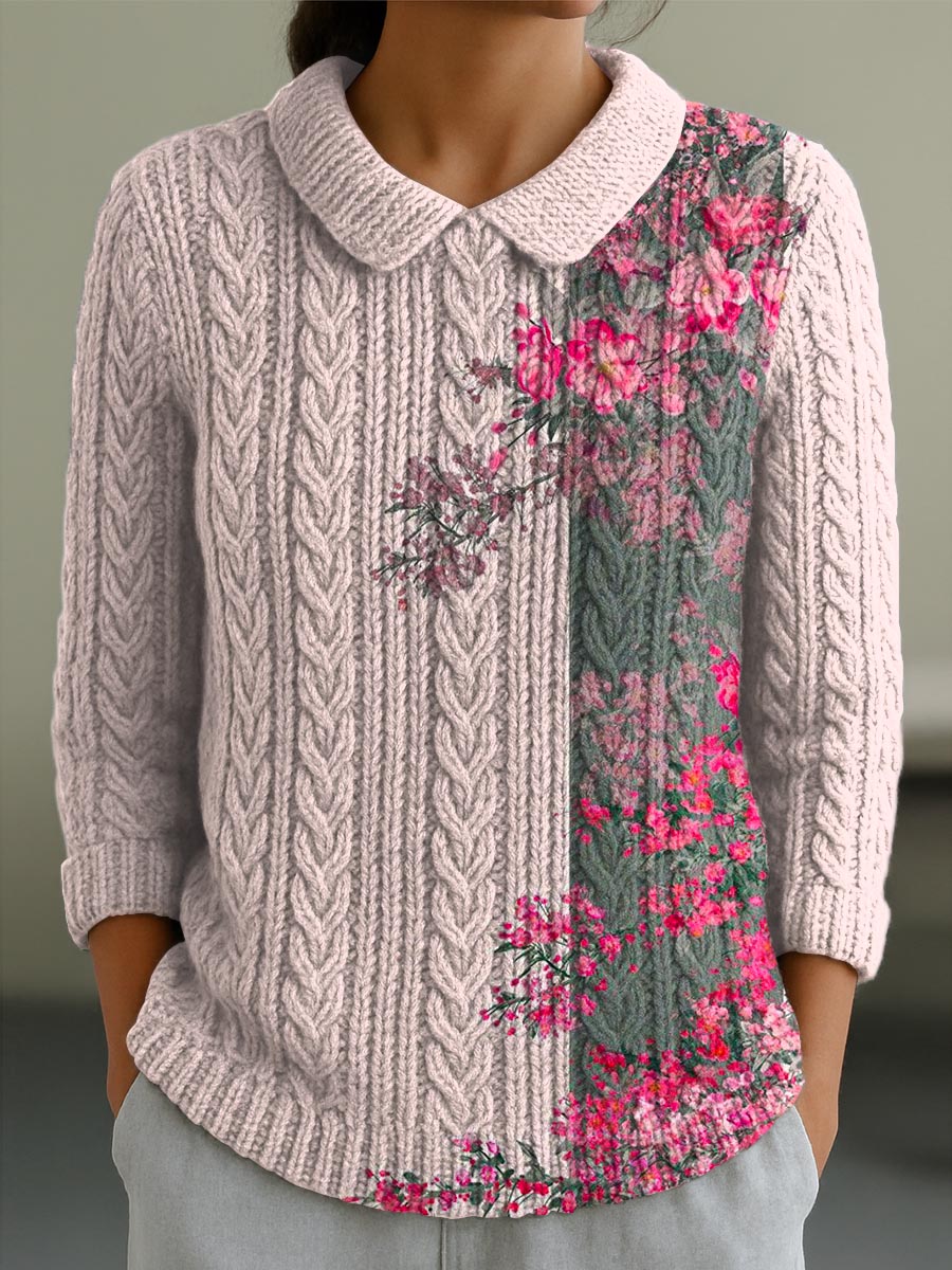 womens-lovely-floral-art-print-casual-peter-pan-collar-3-4-sleeve-sweater-t4qs