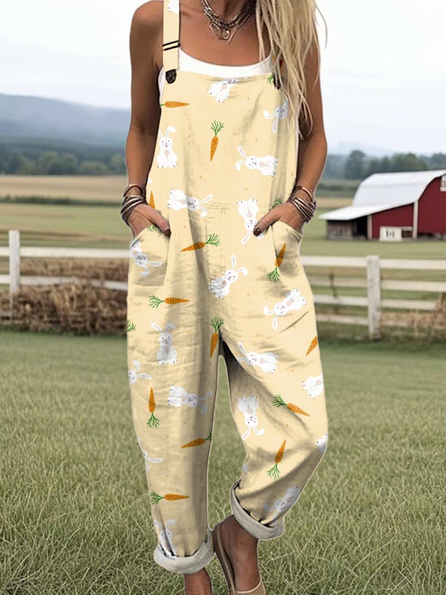 Women's Art Carrot Cute Bunny Print Casual 100% Cotton Wide Leg Jumpsuit