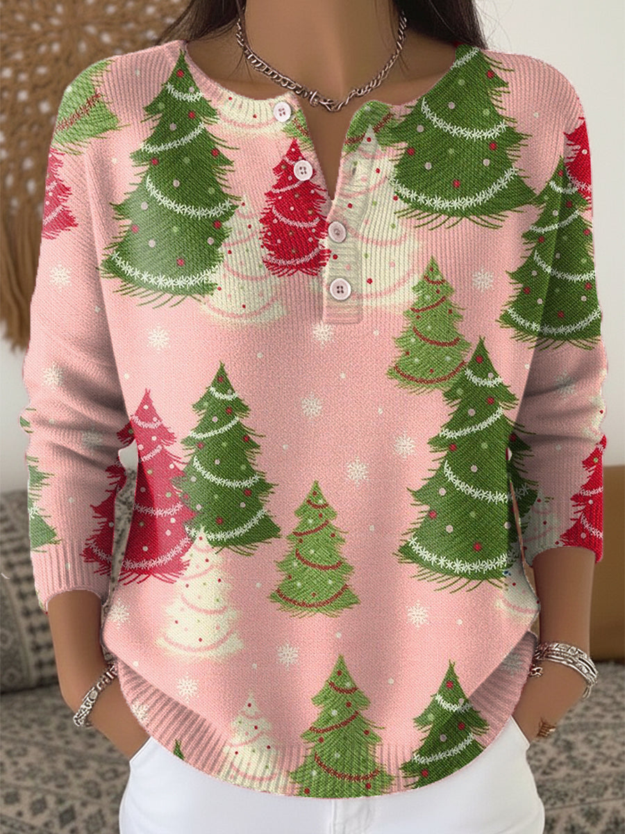 Beautiful Colorful Christmas Tree Painting Art Print Buttoned Cardigan Sweater