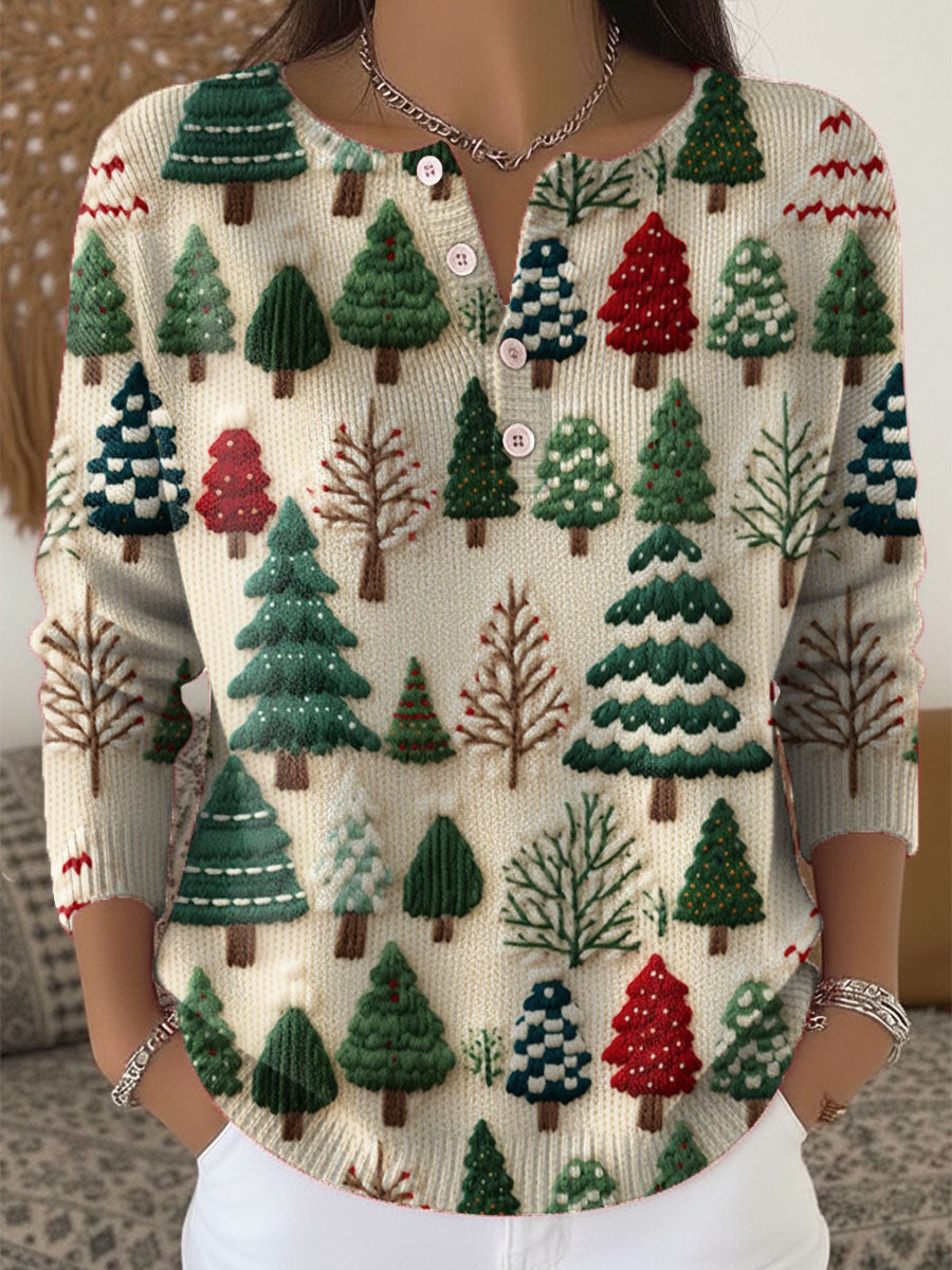 Women's Christmas Tree Art Print Buttoned Cardigan Sweater