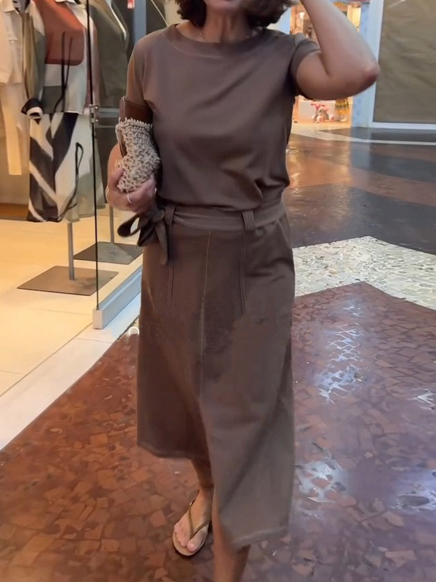 Women's Solid Color Round Neck Short Sleeve Casual Cotton Top High Waist Lace-up Casual Loose A-Line Skirt