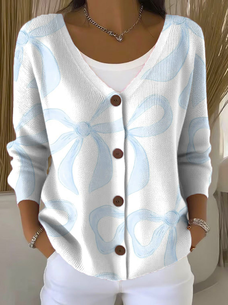 bow-tie-print-buttoned-v-neck-cardigan-sweater