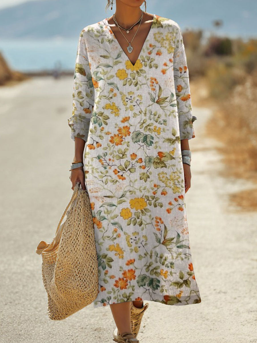 Women's  Vintage Flower  Art Print Pocket Cotton Dress