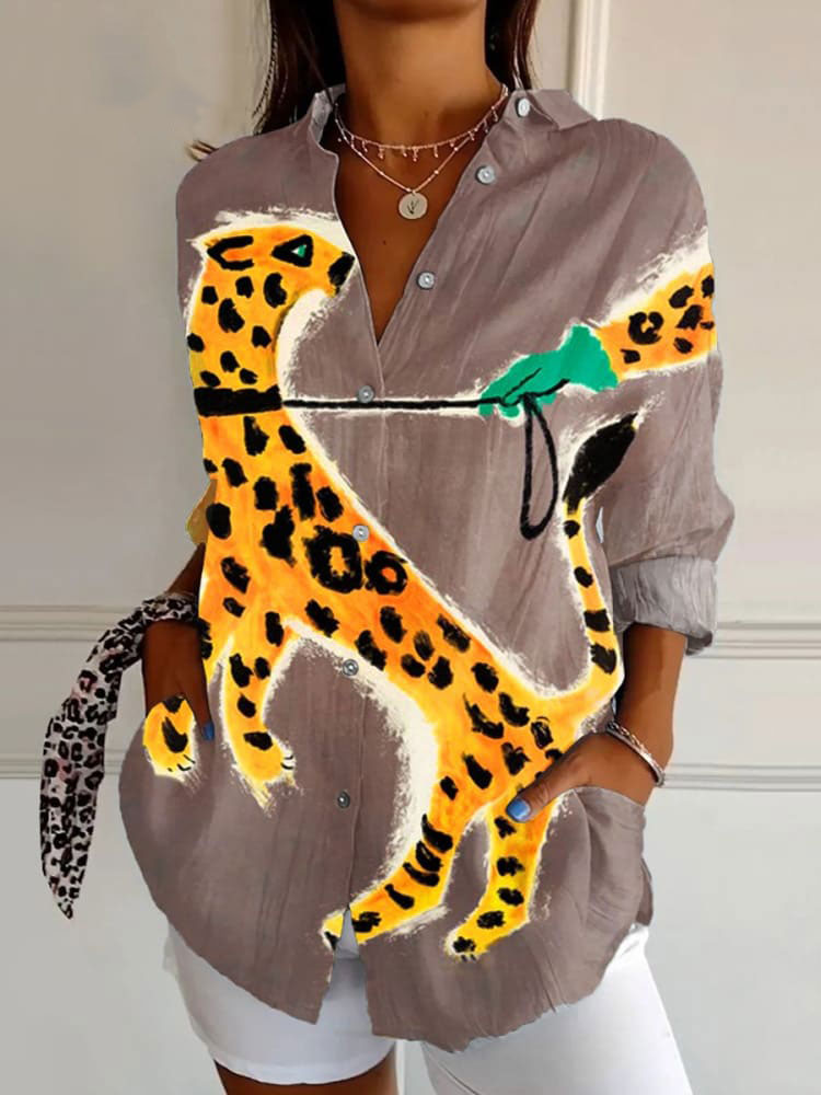 Women's   Leopard  Art Print Casual Cotton Shirt