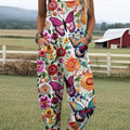 Women's Lovely Butterfly Art Print Casual 100% Cotton Wide Leg Jumpsuit