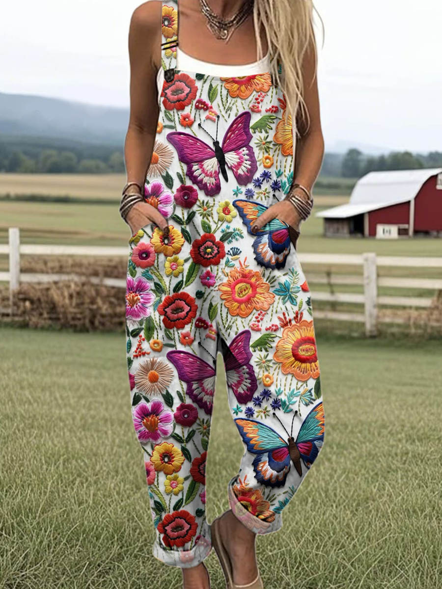 Women's Lovely Butterfly Art Print Casual 100% Cotton Wide Leg Jumpsuit