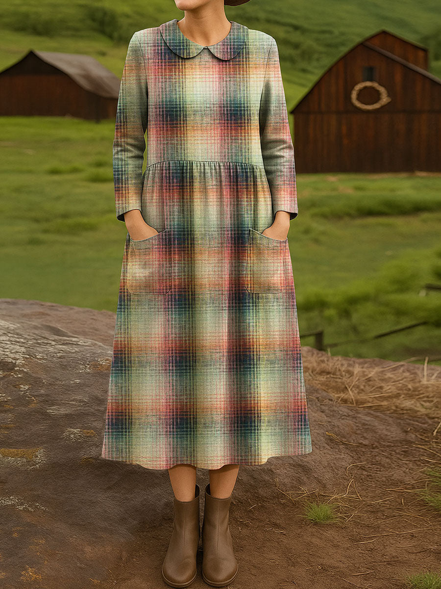 Women's Vintage Plaid Art Print Cotton Lapel Button-Down Shirt Dress