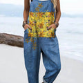 Women's Vintage Floral Patchwork Pattern Art Print Casual 100% Cotton Wide Leg Jumpsuit