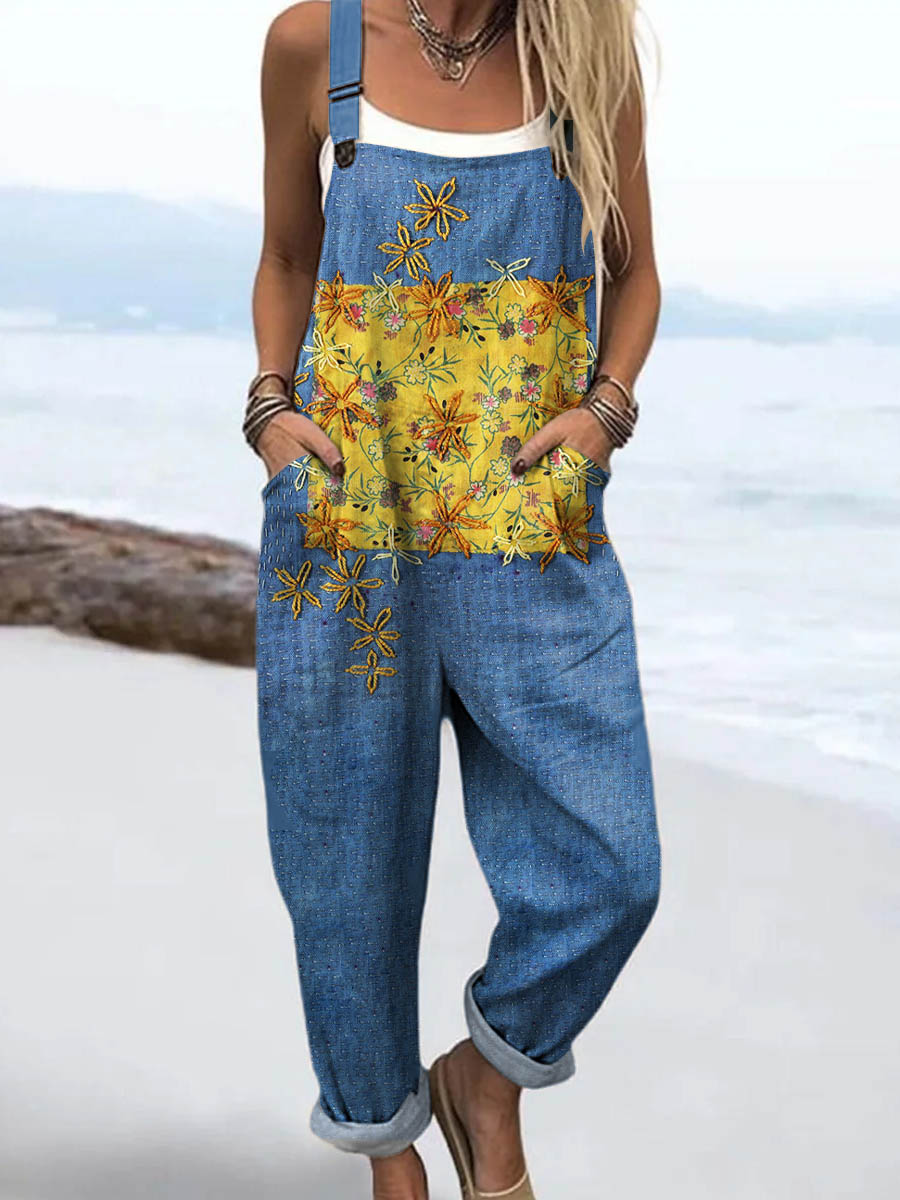Women's Vintage Floral Patchwork Pattern Art Print Casual 100% Cotton Wide Leg Jumpsuit