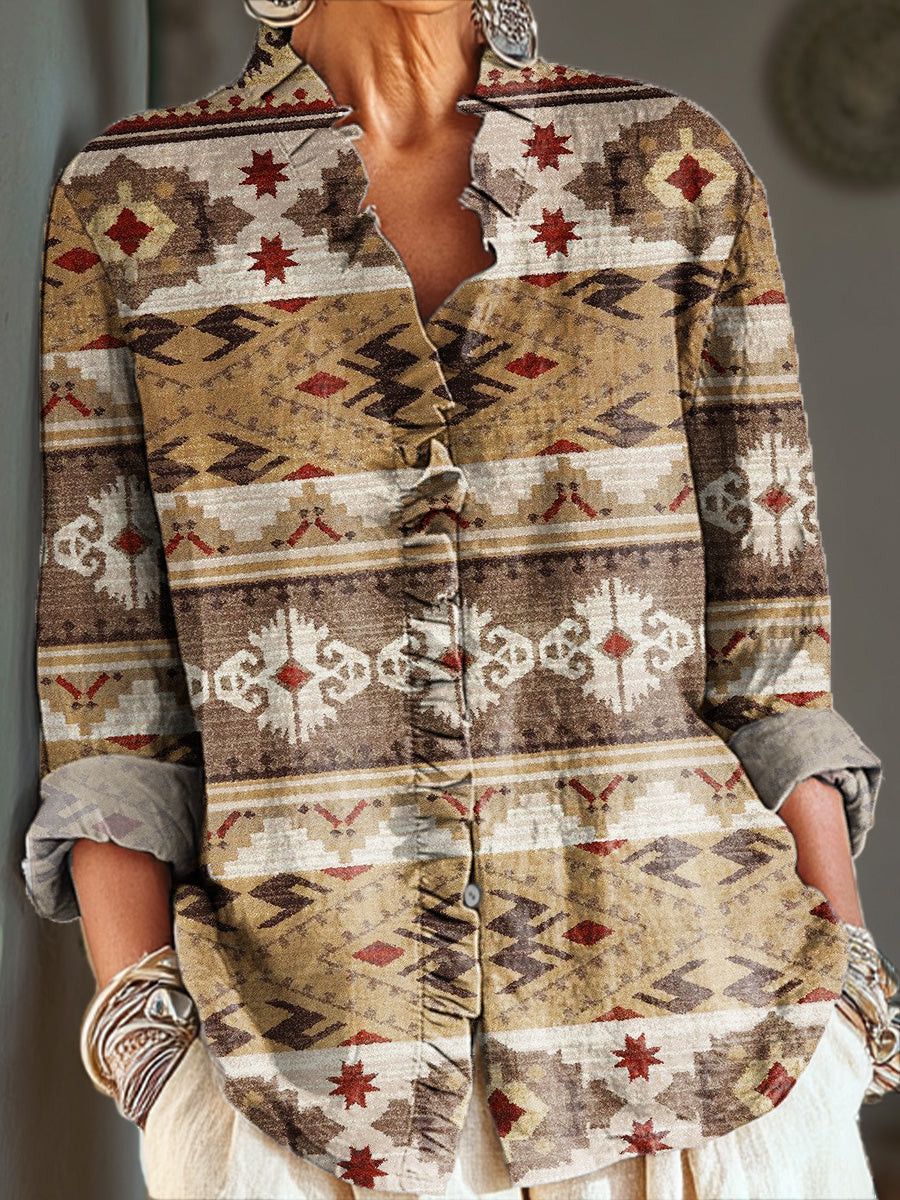 Women's Vintage Ethnic Diamond Geometric Stripes Painting Art Print Casual Cotton And Linen Ruffle Shirt