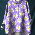 Women's Purple Daisy Art Print Casual Cotton And Linen Shirt