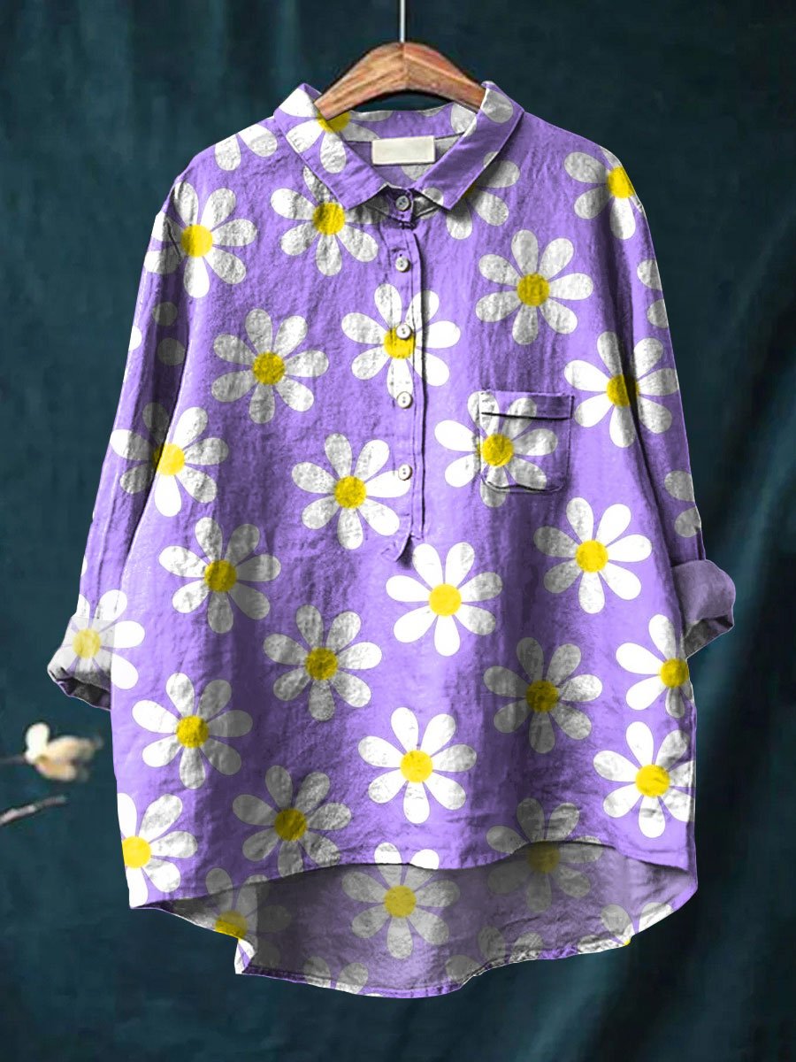 Women's Purple Daisy Art Print Casual Cotton And Linen Shirt