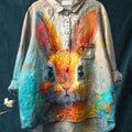 Oil Painting Rabbit Art Printed Women's Casual Cotton And Linen Shirt