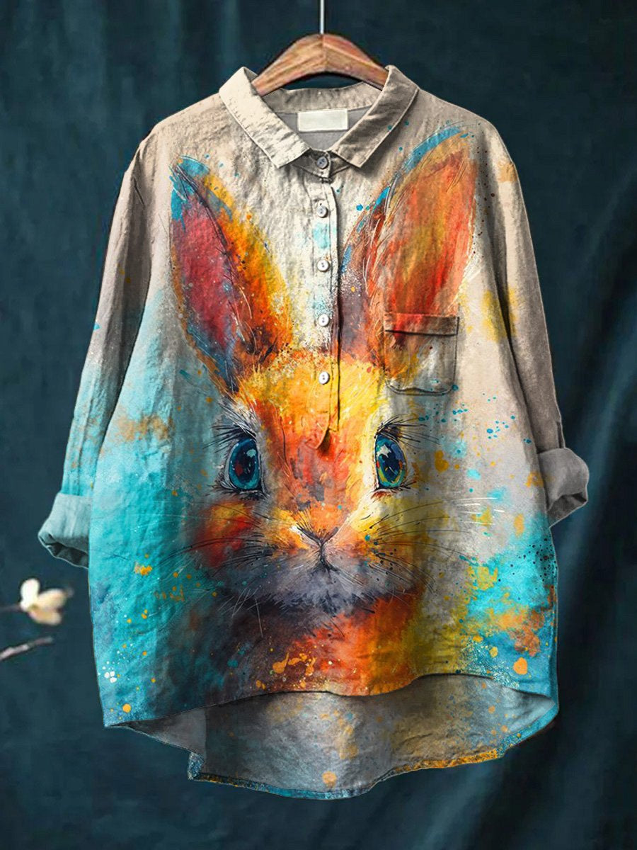 Oil Painting Rabbit Art Printed Women's Casual Cotton And Linen Shirt