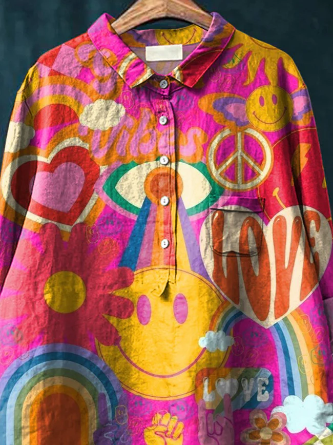 Retro Style Cartoon Collage Pattern Printed Women's Casual Cotton And Linen Shirt