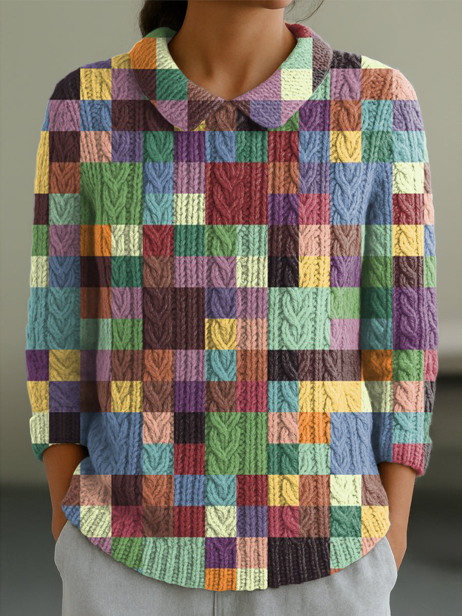 womens-colorful-plaid-art-print-casual-peter-pan-collar-3-4-sleeve-sweater