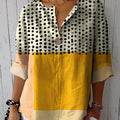 Women's Yellow Color-blocked Dots Casual Cotton Linen Shirt