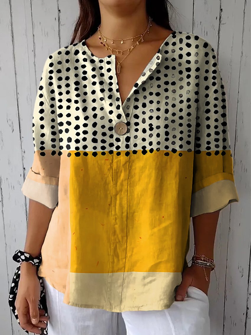 Women's Yellow Color-blocked Dots Casual Cotton Linen Shirt