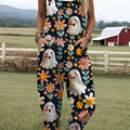 Women's Ghost Flower Art Print Casual 100% Cotton Wide Leg Jumpsuit