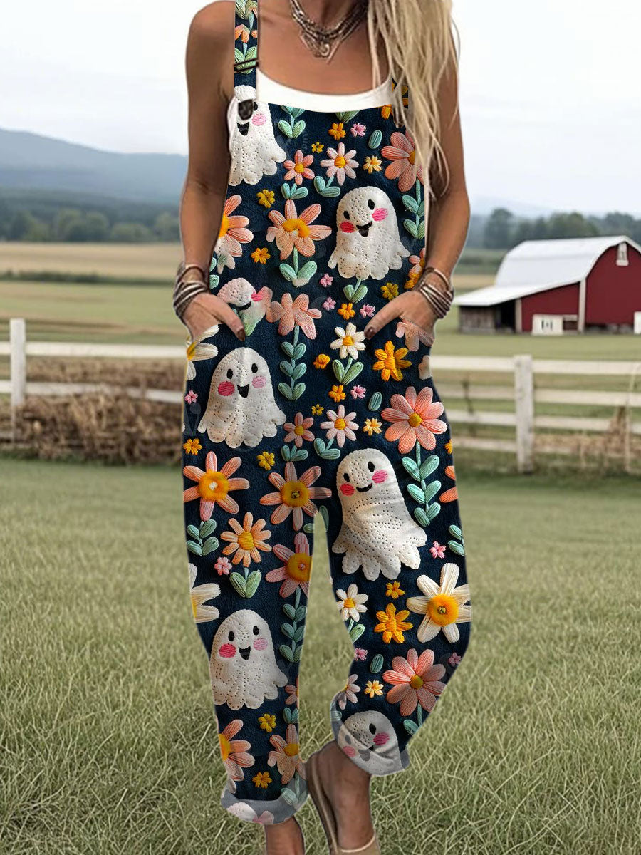 Women's Ghost Flower Art Print Casual 100% Cotton Wide Leg Jumpsuit