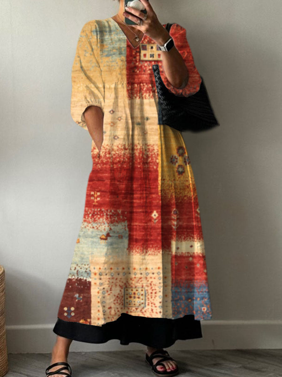 Women's Vintage  Art Print Pocket V-neck Cotton Dress