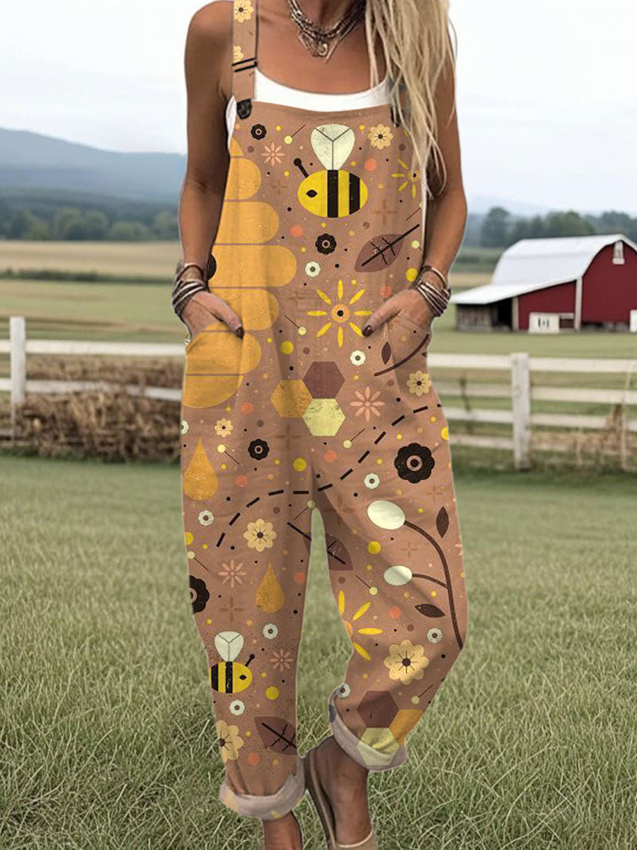 Women's  Funny Bee Art Print Casual 100% Cotton Wide Leg Jumpsuit