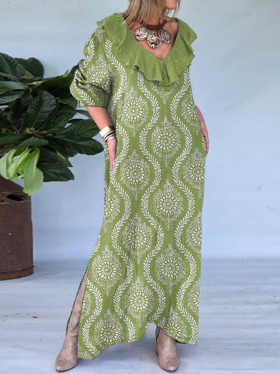 Women's Ruffled V-neck Ethnic Geometric Pattern Print Long Sleeve Casual Cotton and Linen Dress