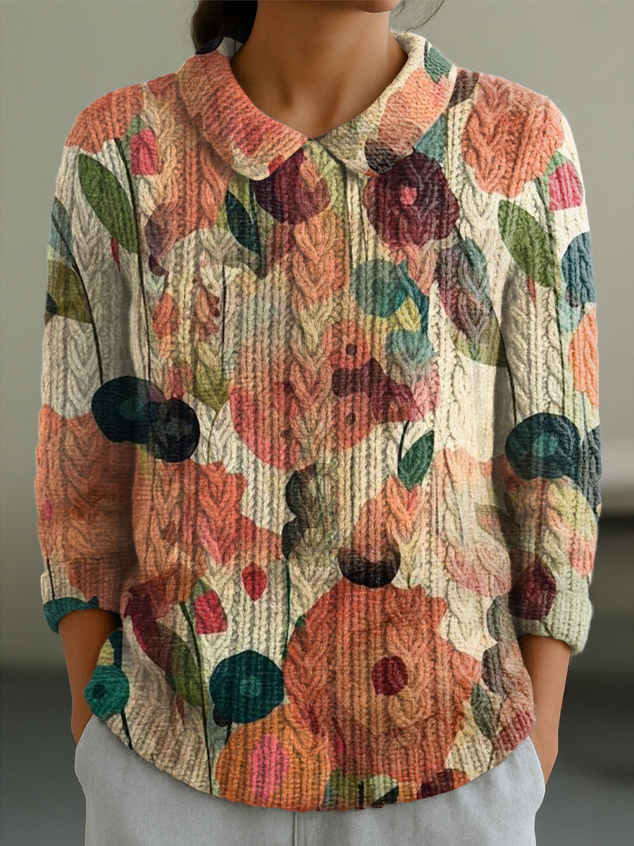 womens-beautiful-watercolor-floral-painting-art-print-casual-peter-pan-collar-3-4-sleeve-sweater