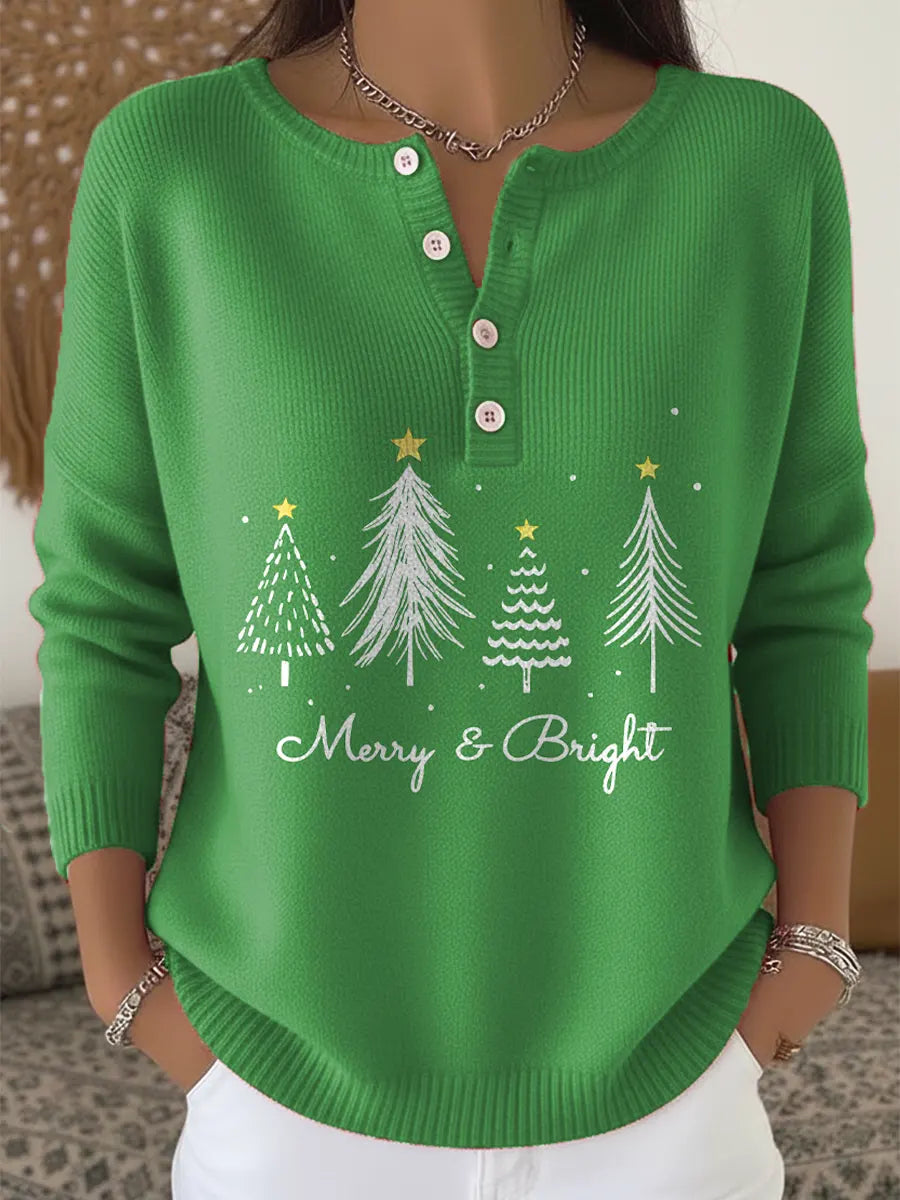 Women's Christmas Tree Pattern Art Print Buttoned Cardigan Sweater
