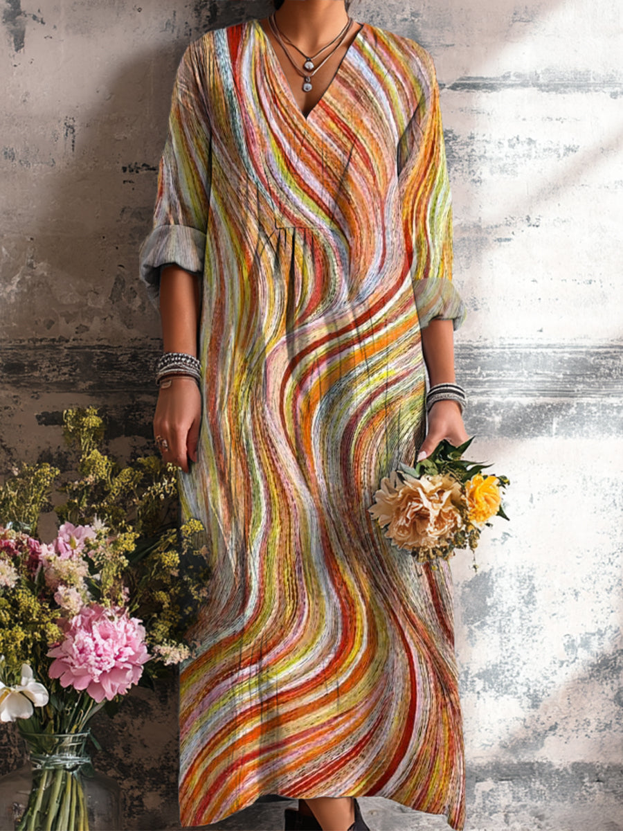 Women's Vintage Abstract Colorful Stripe Painting Art Print Dress