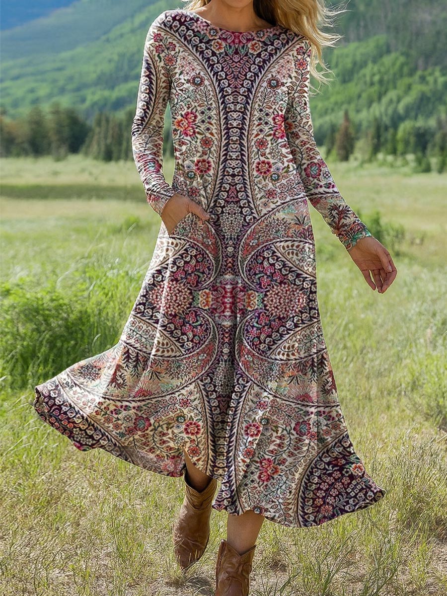 Women's Retro Floral Art Print Long-sleeved Dress