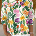 Women's Oil Painting Style Tulips Print Casual Peter Pan Collar 3/4 Sleeve Sweater